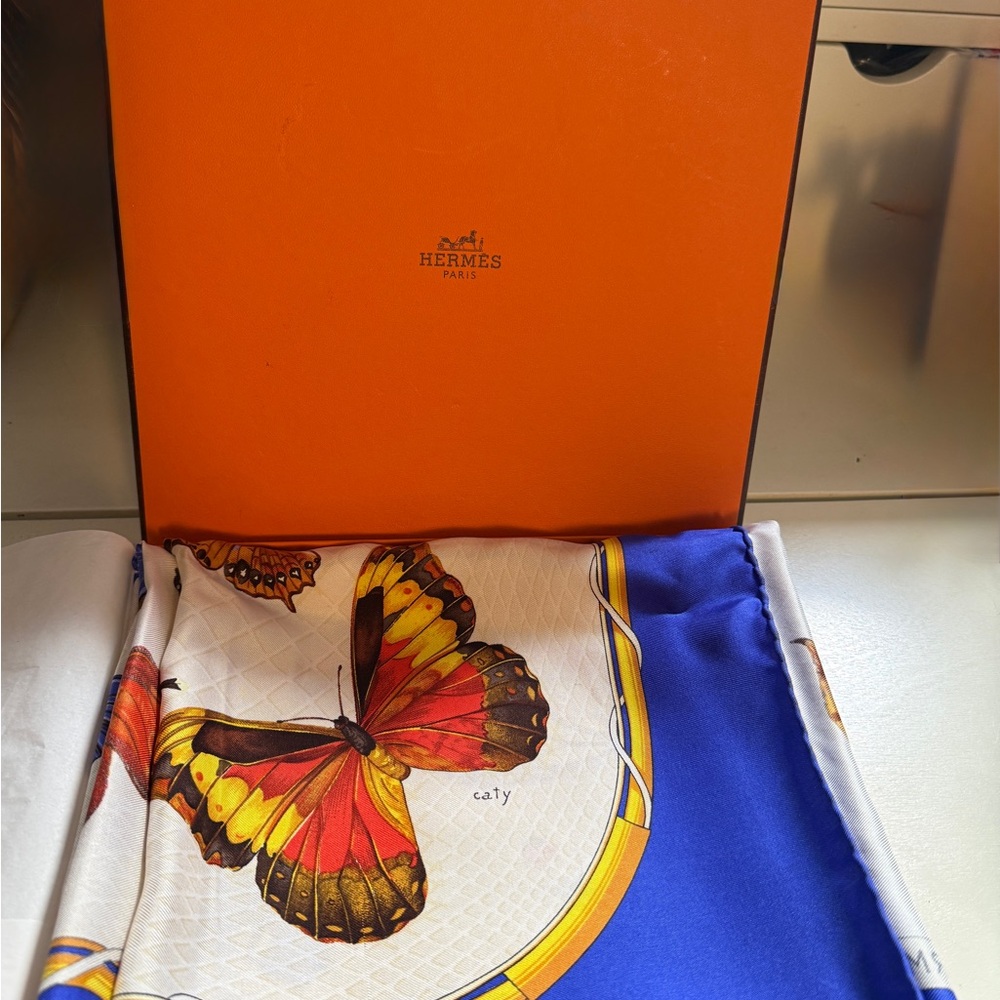 Hermès Farandole Silk Scarf with Vibrant Butterfly Print - Blue & Yellow